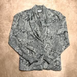 Vintage 80s Black & White Paisley Floral Blouse Cowl Neck Victorian Whimsy Boho